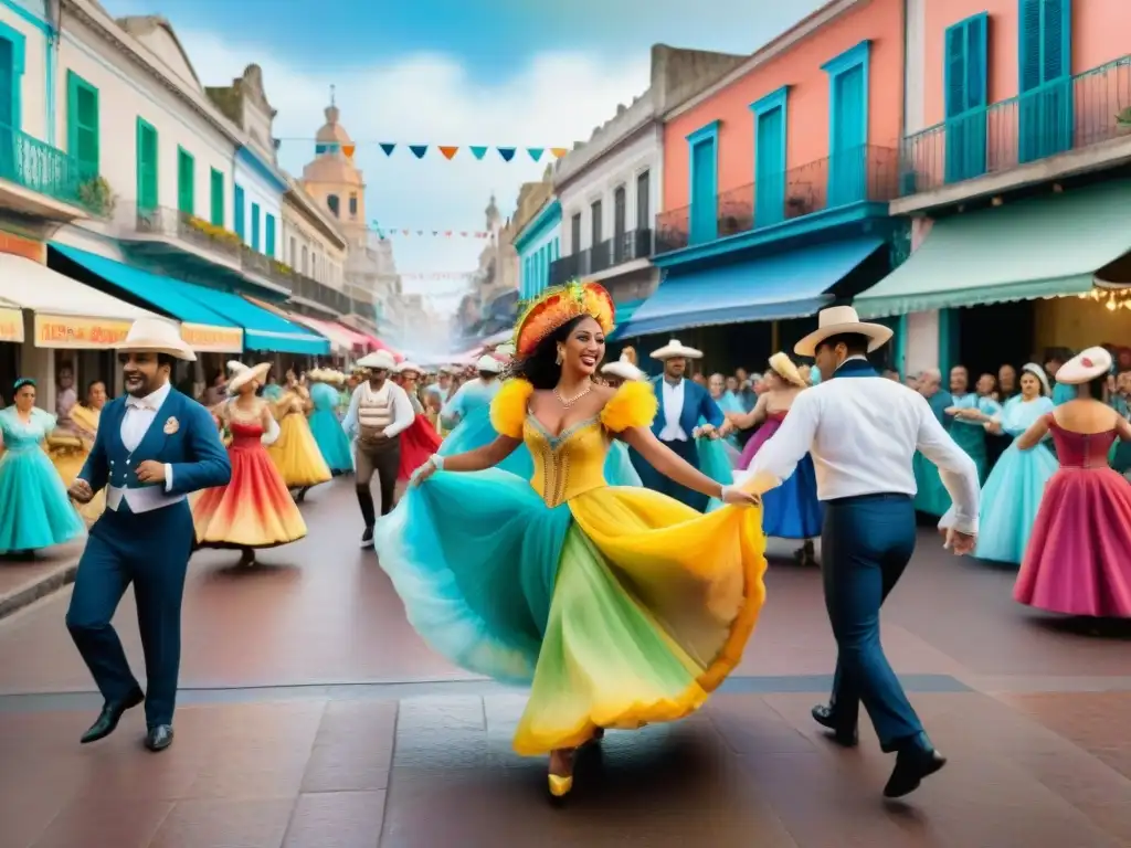 Una pintura detallada de una bulliciosa escena callejera durante el carnaval en Montevideo, con platos típicos del Carnaval Uruguayo