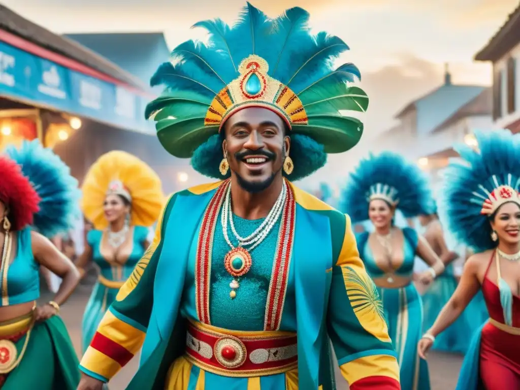 Carnaval vibrante: fusión cultural en acuarela Una pintura acuarela detallada muestra un bullicioso carnaval en Uruguay con influencia caribeña