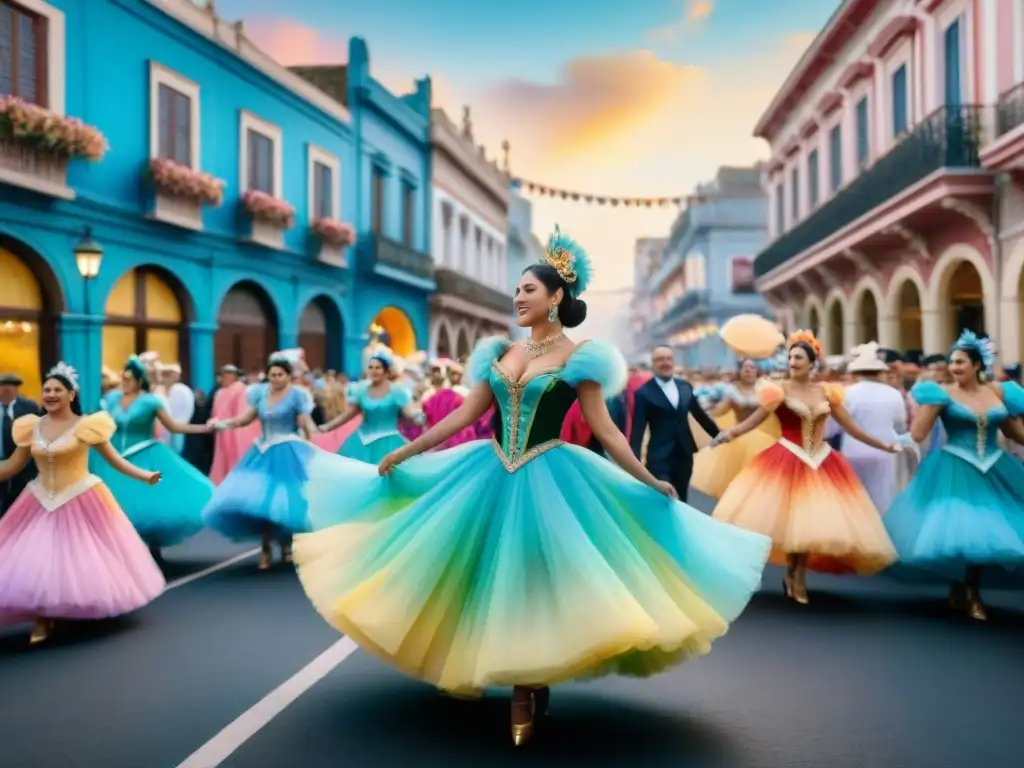 Carnaval en Uruguay: Baile, color y alegría en las calles Una pintura detallada muestra el bullicioso Carnaval en Uruguay con bailes tradicionales y espectadores animados