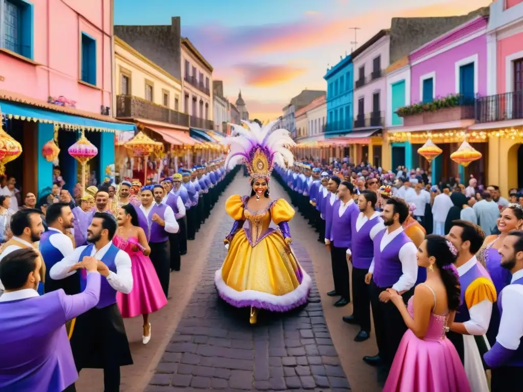 Vibrante Carnaval Uruguayo: Detalles en Acuarela Pintura acuarela detallada de un bullicioso Carnaval Uruguayo