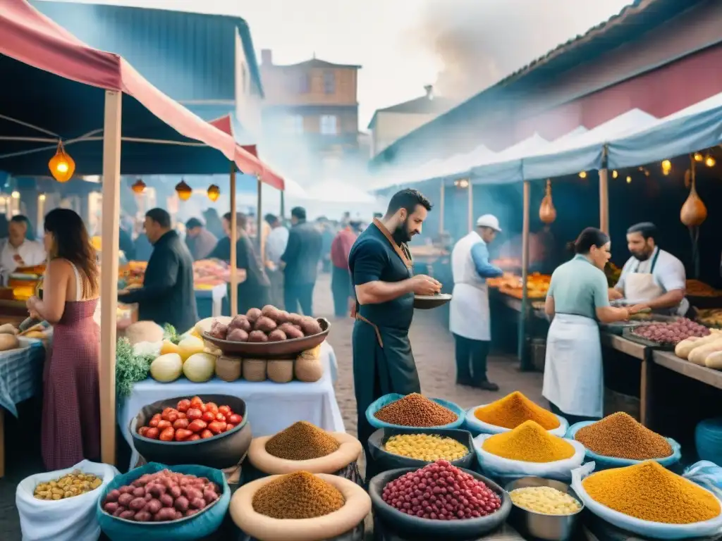 Pintura detallada de mercado gastronómico en Uruguay durante Carnaval Pintura detallada de un bullicioso mercado gastronómico en Uruguay durante el Carnaval