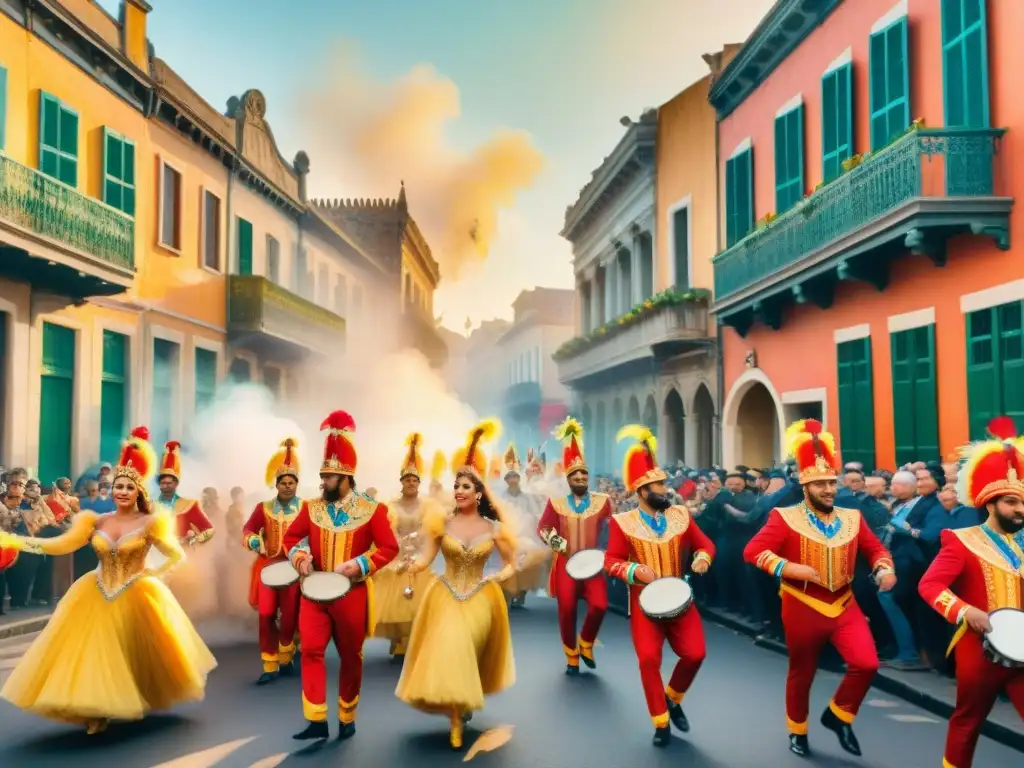 Vibrante Carnaval: Celebración en Acuarela Detallada Una pintura detallada del Carnaval con danzantes, músicos y espectadores en un desfile colorido