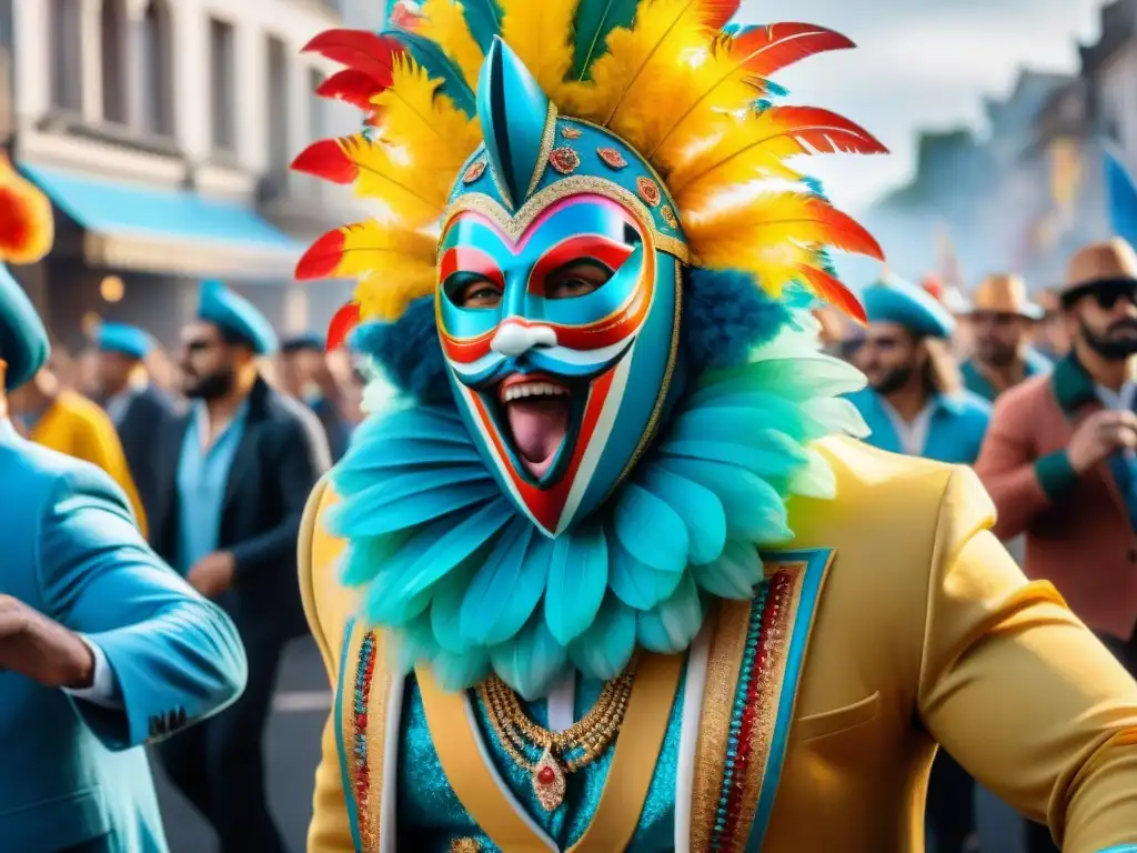 Pintura acuarela del vibrante Carnaval en Uruguay Pintura detallada de Carnaval en Uruguay con desfiles vibrantes, trajes coloridos y energéticos artistas