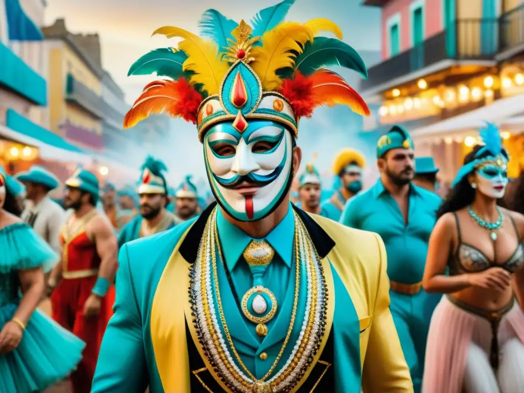 Carnaval en Uruguay: Pasado y Presente en Acuarela Detallada Una pintura detallada muestra el Carnaval en Uruguay, comparando tradición y modernidad