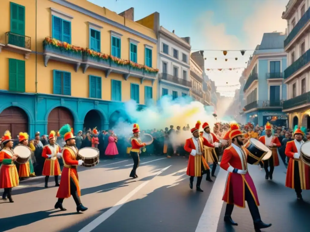 Vibrante Carnaval en Montevideo: Detalle acuarela de calle animada Pintura detallada de Carnaval en Montevideo con Revistas Carnaval Uruguayo colección valiosas