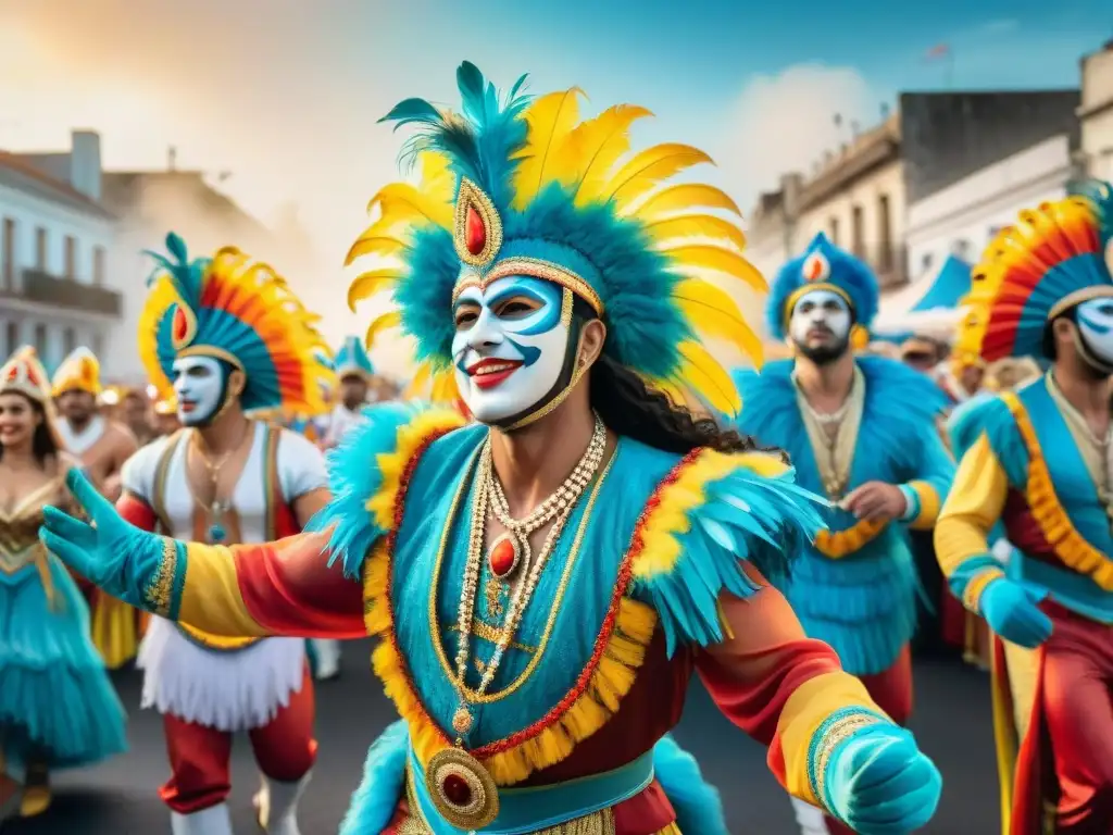 Deslumbrante Carnaval en Uruguay: Detalles y alegría Una pintura detallada de Carnaval en Uruguay con trajes vibrantes y bailarines alegres