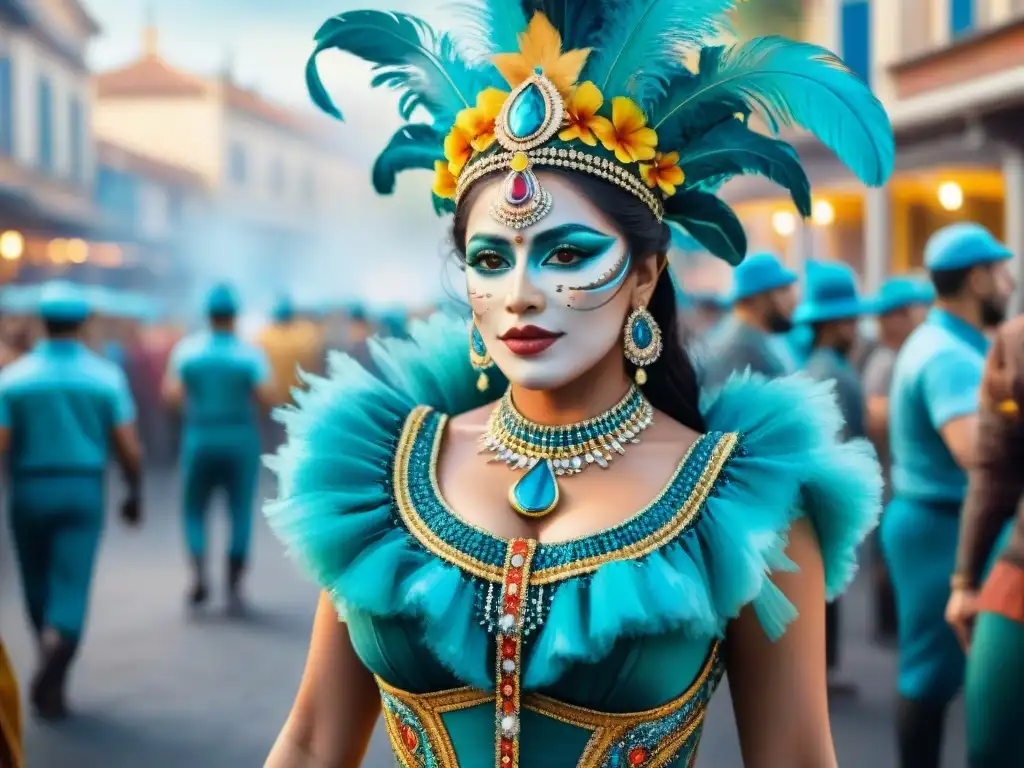 Pintura acuarela del Carnaval Uruguayo Una pintura detallada del Carnaval Uruguayo, con vibrantes trajes y bailarines, reflejando la estrategia económica del evento
