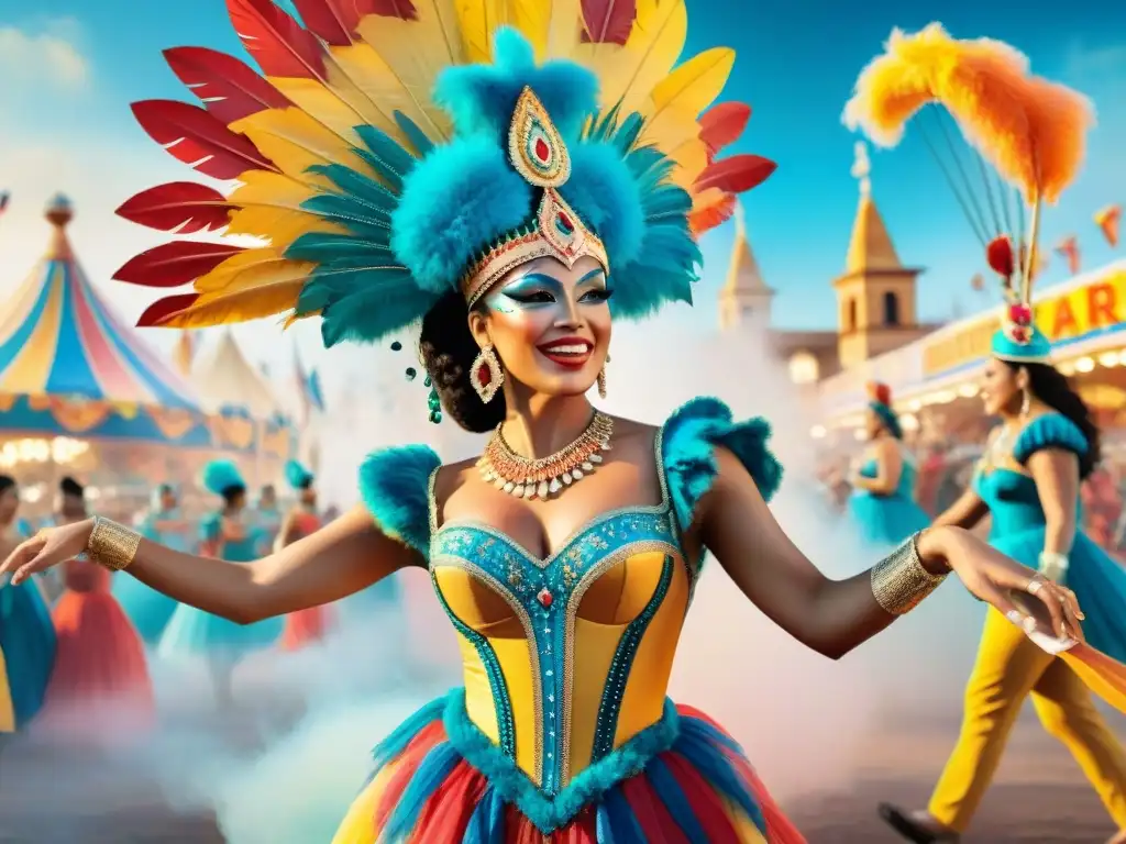 Pintura acuarela: Carnaval uruguayo fusiona tradiciones del mundo Pintura detallada de Carnaval Uruguayo fusionando tradiciones locales y del mundo en una representación visualmente impactante