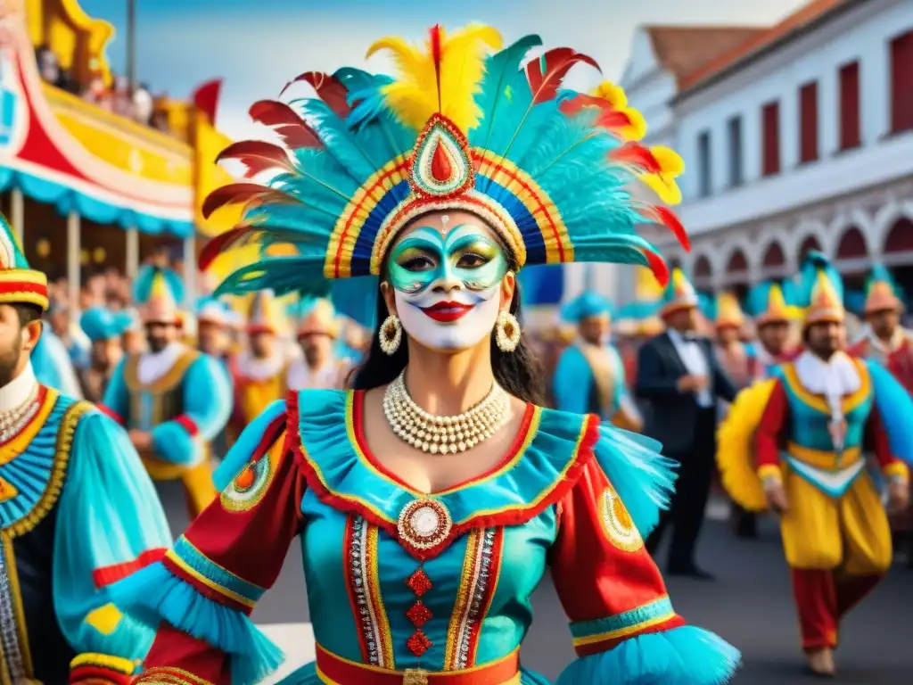 Pintura acuarela del Carnaval Uruguayo: danzas, colores y alegría Pintura detallada de Carnaval Uruguayo con influencia rioplatense, mostrando danzas, trajes y música vibrante