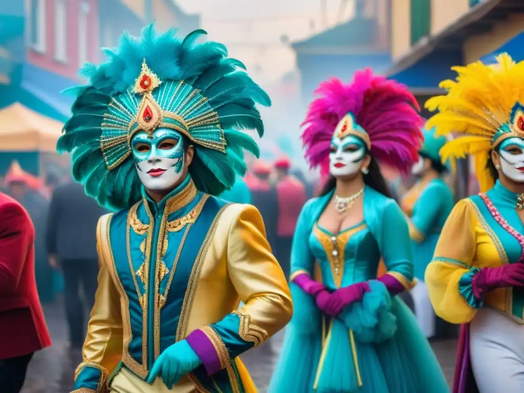 Detalles vibrantes del Carnaval Uruguayo Pintura detallada de Carnaval Uruguayo detrás escena con colores vibrantes y músicos y bailarines preparándose