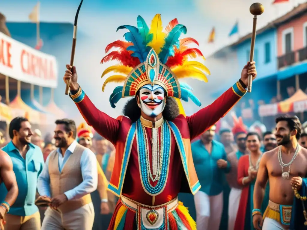 Vibrante escena de murgas en el Carnaval uruguayo Una pintura acuarela detallada del carnaval uruguayo, con murgas coloridas y espectadores emocionados