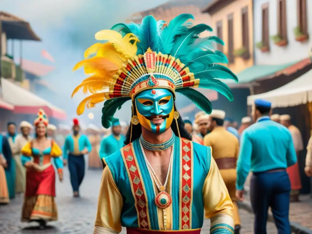 Pintura acuarela del Carnaval Uruguayo: coloridos trajes y festejos Pintura acuarela detallada de Carnaval Uruguayo: Orígenes traje Carnaval Uruguayo