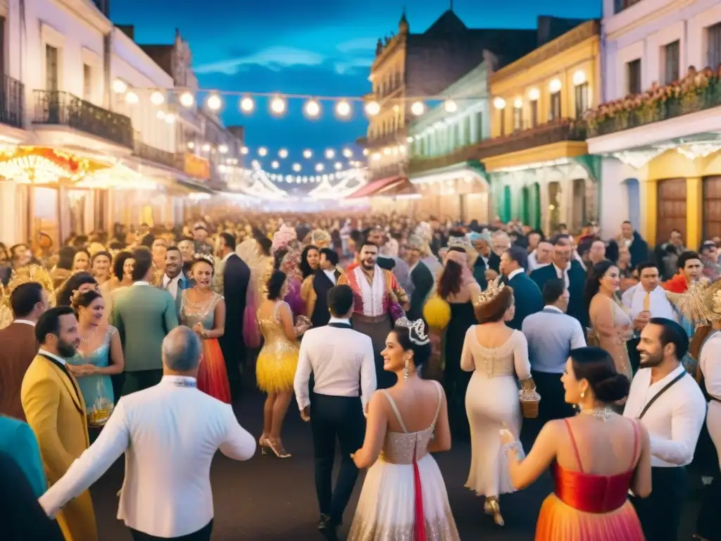 Escena vibrante del Carnaval uruguayo: baile, colores y tradición Una pintura detallada de Carnaval Uruguayo con hidratación durante la festividad