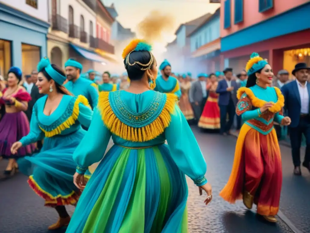 Pintura acuarela del Carnaval Uruguayo: danzas y color Pintura detallada del Carnaval Uruguayo, con bailarines y espectadores disfrutando de la festividad