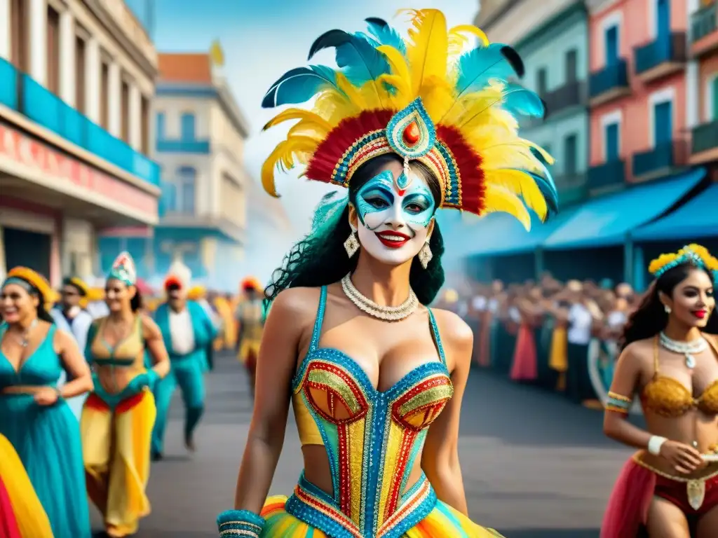 Pintura acuarela detallada del Carnaval Uruguayo: energía y tradición Una pintura detallada del Carnaval Uruguayo con energía festiva y colorida