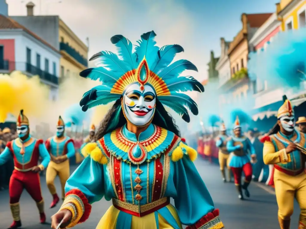 Deslumbrante carnaval uruguayo en acuarela Pintura detallada del Carnaval Uruguayo con personajes icónicos y vibrantes