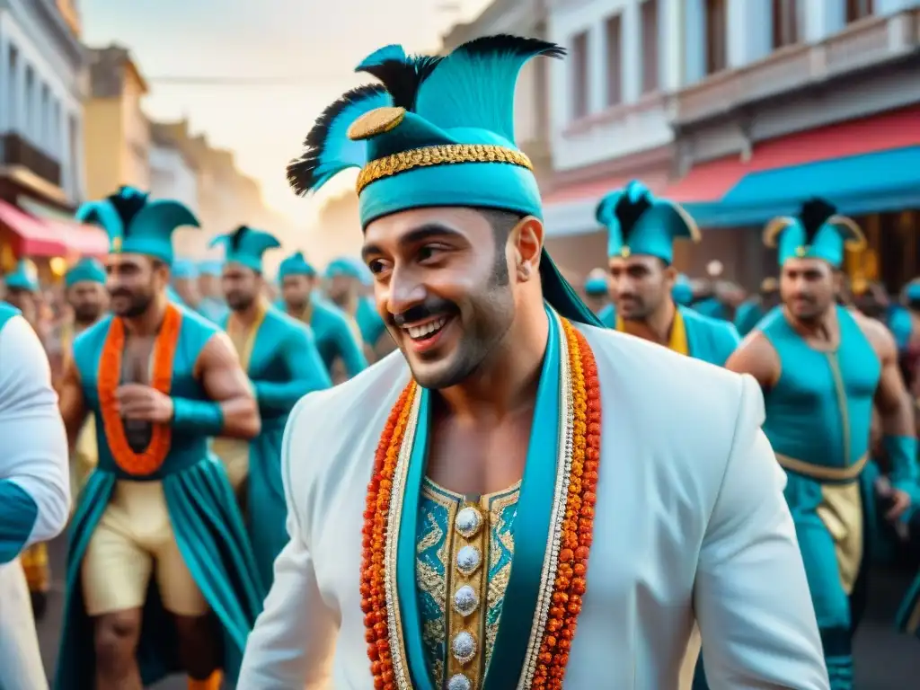 Deslumbrante desfile de Carnaval en Uruguay Pintura detallada del Carnaval Uruguayo: desfile vibrante con bailarines, músicos y espectadores