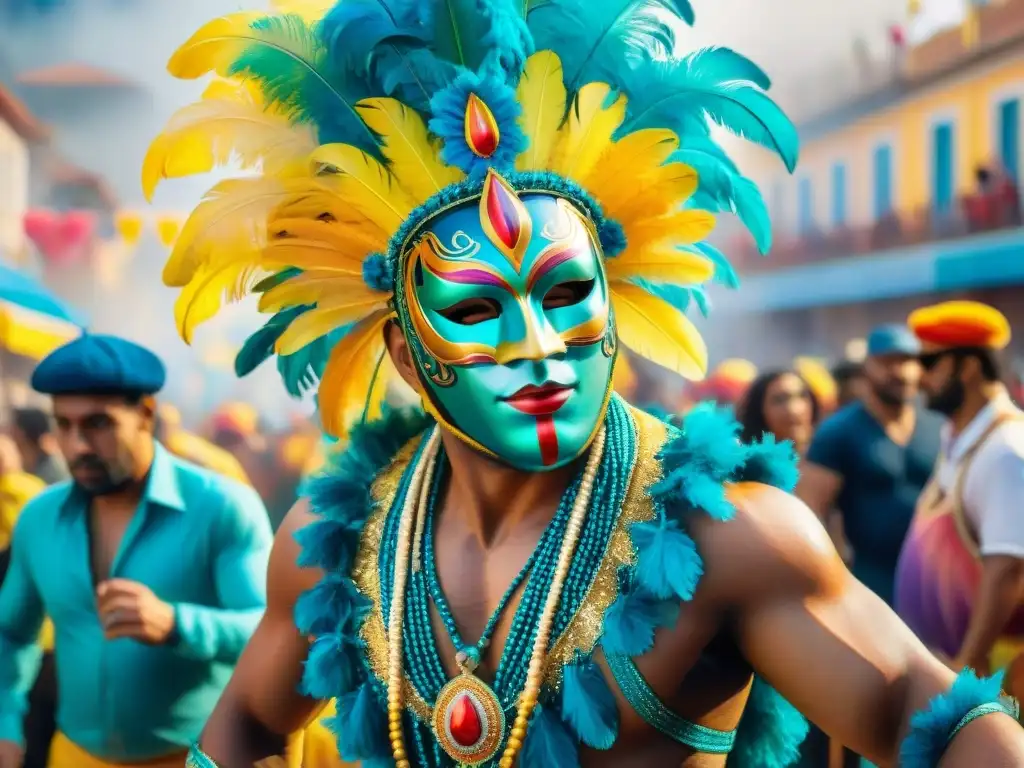 Una pintura acuarela detallada del Carnaval Uruguayo con coloridos desfiles, trajes vibrantes y bailarines energéticos