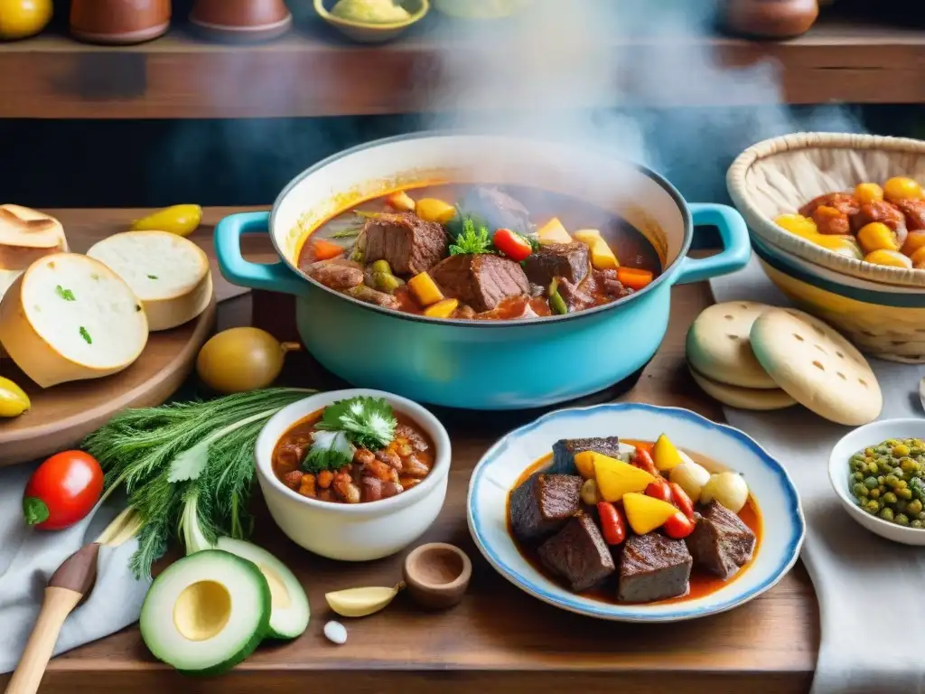 Escena de cocina uruguaya en Carnaval con Puchero tradicional Pintura detallada de cocina uruguaya en Carnaval con Puchero y ingredientes, Receta tradicional Puchero Uruguayo Carnaval