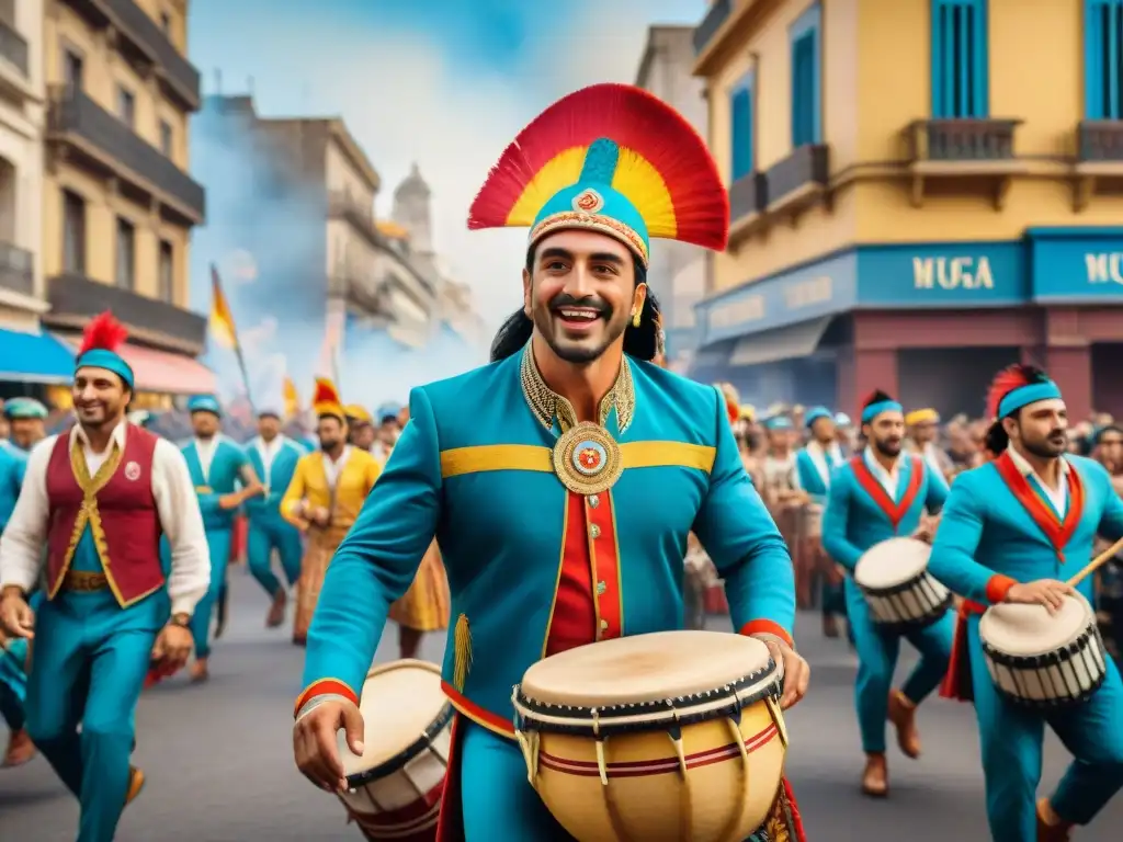 Vibrante pintura acuarela de murga en Montevideo Una pintura acuarela detallada de una colorida y vibrante murga en Montevideo, Uruguay, resaltando la importancia de las murgas uruguayas