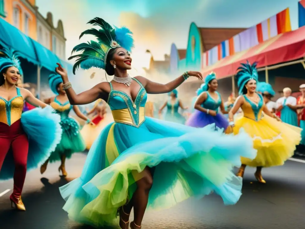 Una pintura acuarela detallada de comparsas de carnaval, celebrando la inclusión de género en un desfile festivo y colorido