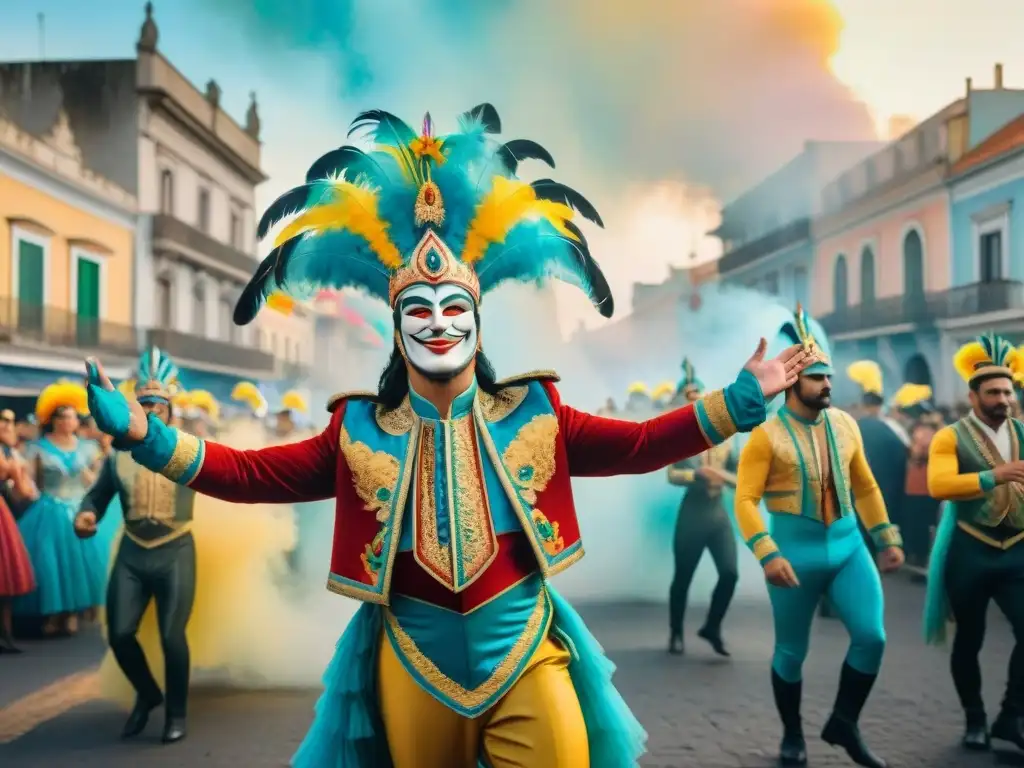 Contraste de Carnaval: Tradición y Modernidad en Uruguay Una pintura acuarela detallada muestra el contraste entre el Carnaval tradicional y moderno en Uruguay