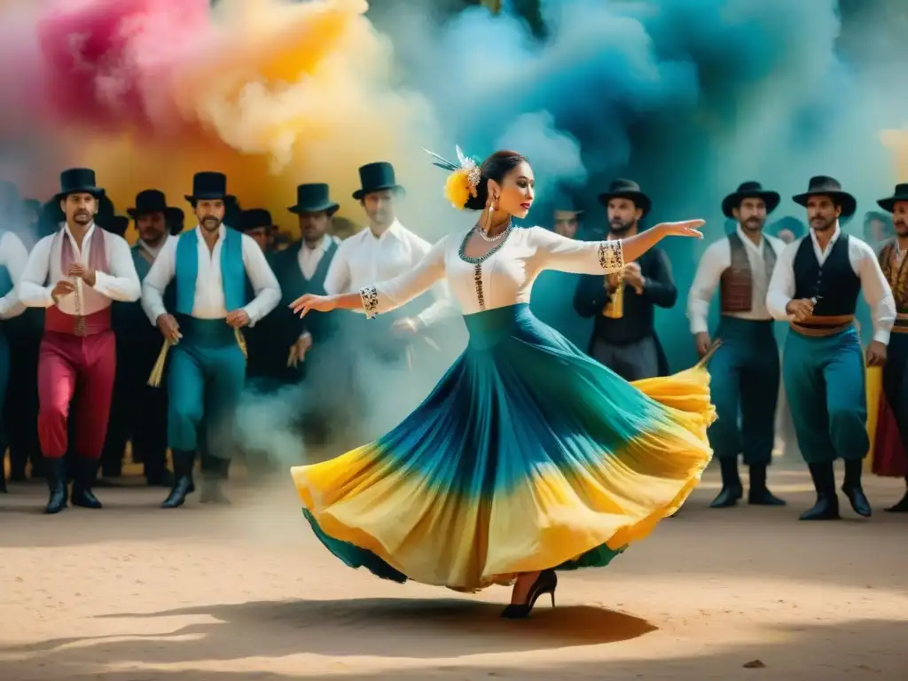 Apasionante danza tradicional uruguaya: pintura acuarela detallada Pintura detallada de danza y música uruguaya integradas con colores vibrantes y movimientos fluidos