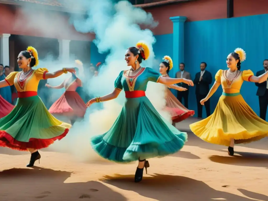 Pintura acuarela detallada de baile uruguayo tradicional Pintura acuarela detallada de danza uruguaya con música en vivo y coloridos trajes