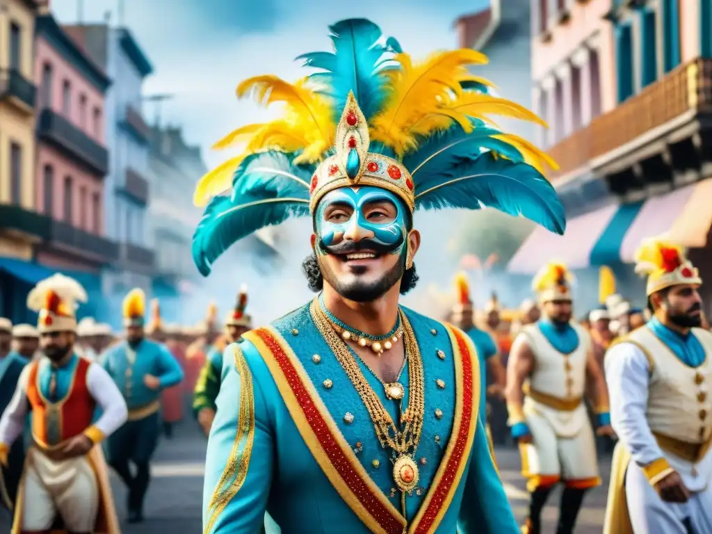 Pintura acuarela del vibrante Carnaval en Uruguay Pintura acuarela detallada de desfile de Carnaval en Uruguay, con murgas y parodistas en trajes vibrantes