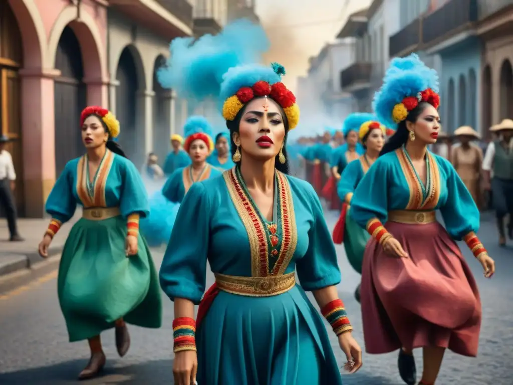 Resistencia murguista: arte y valentía en Uruguay Pintura detallada de murguistas en Uruguay durante la dictadura, expresando resistencia y solidaridad