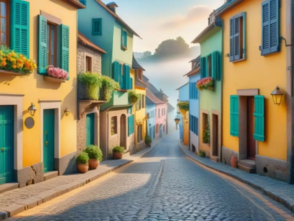 Acuarela detallada de una calle empedrada en un encantador pueblo Pintura detallada de una encantadora calle empedrada con casas coloridas y patrones florales, bañada por la suave luz dorada de la mañana
