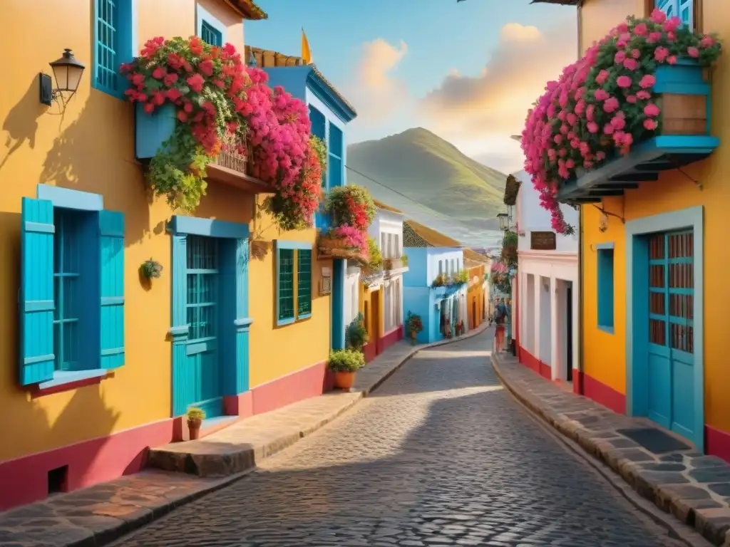 Pintura acuarela detallada: Callejón encantador de Ciudad Vieja, Uruguay Una pintura detallada de una encantadora calle empedrada en Ciudad Vieja, Uruguay, con los mejores alojamientos cerca del Carnaval Uruguay