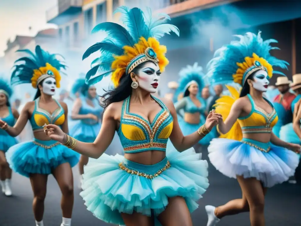 Pintura acuarela vibrante del Carnaval en Uruguay Una pintura detallada que captura la energía vibrante y los coloridos trajes de los bailarines en el Carnaval de Uruguay, reflejando la historia Carnaval Uruguayo miradas