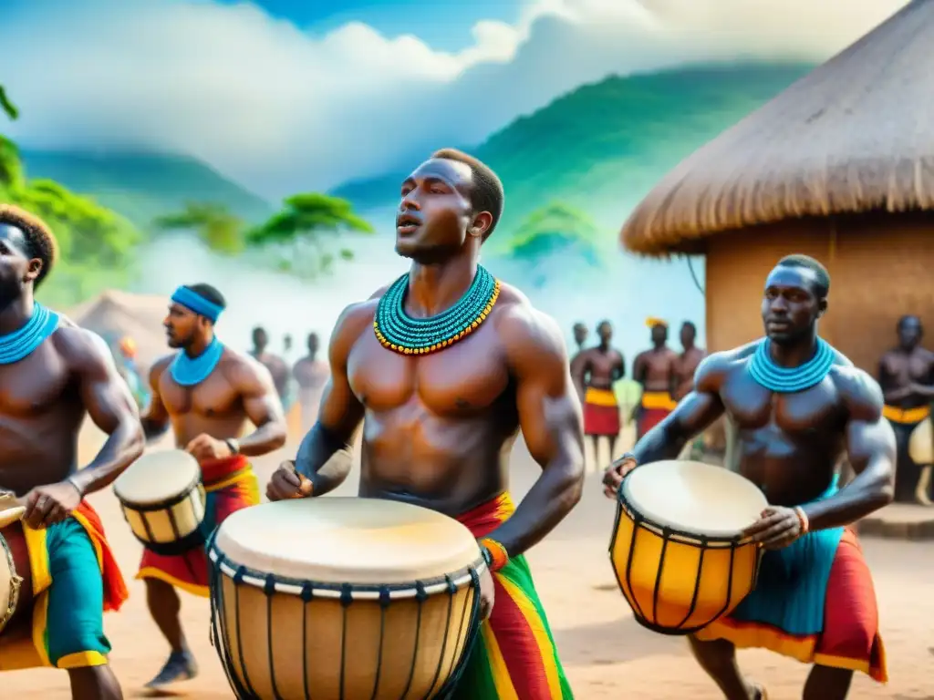 Vibrante escena de músicos y bailarines en aldea africana Pintura acuarela detallada de escena vibrante en aldea africana, con músicos y bailarines en trajes coloridos