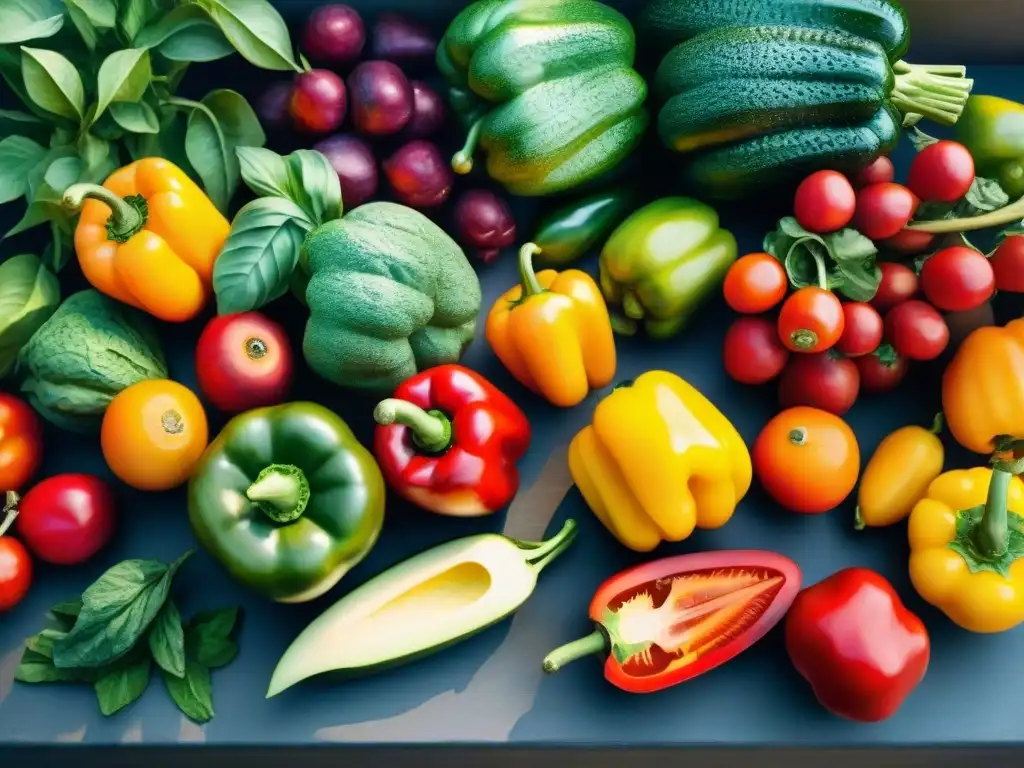 Obra acuarela: Frutas y verduras vibrantes para Carnaval Una pintura acuarela detallada de frutas y verduras vibrantes recomendadas para Carnaval