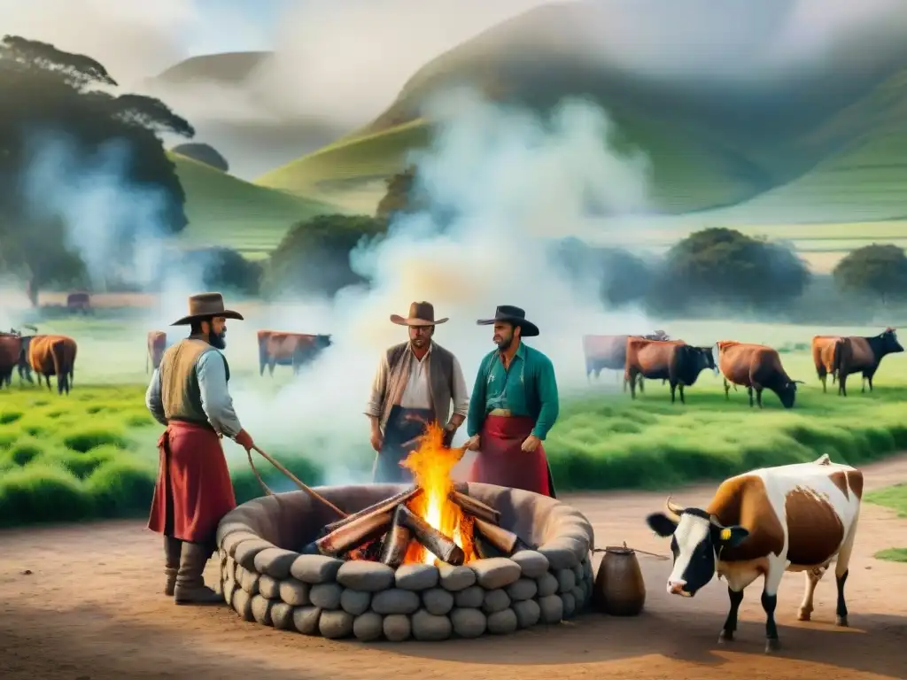 Pintura detallada de gauchos asando un cordero en Uruguay Pintura detallada de gauchos asando una vaca entera en un asado con cuero tradicional Uruguayo