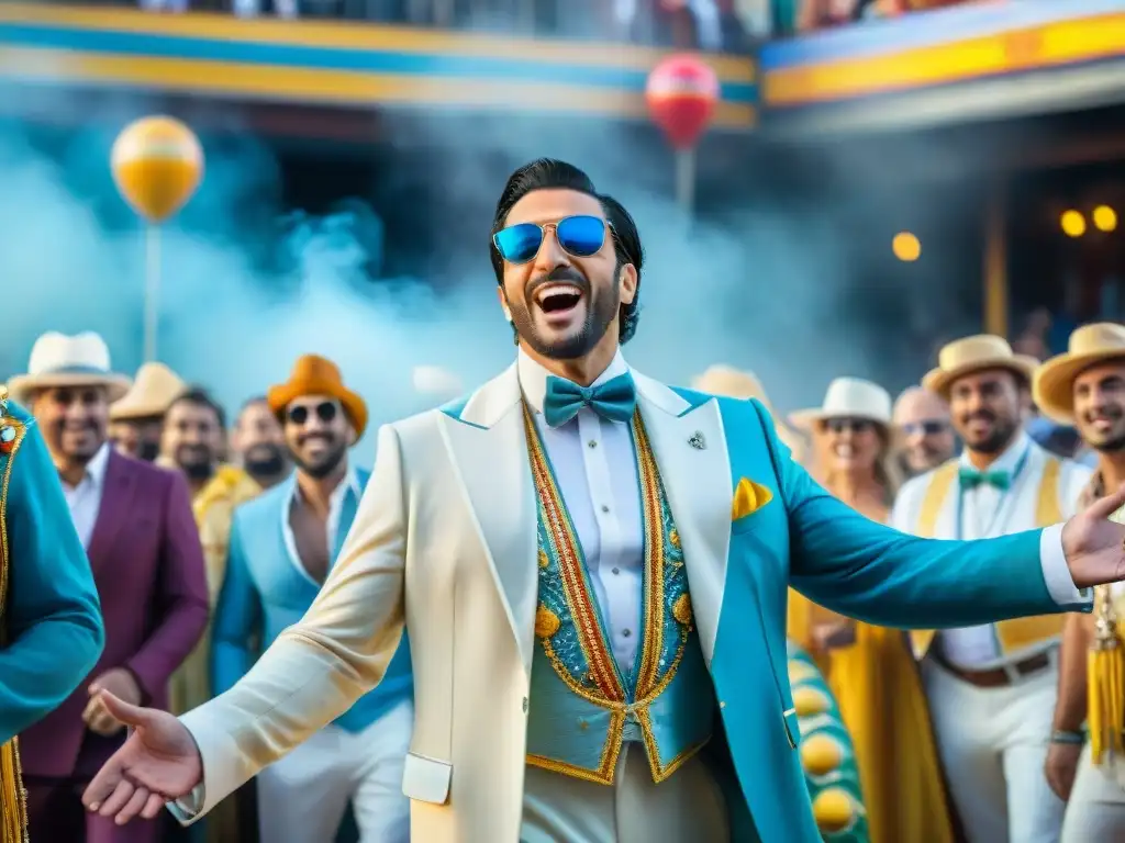 Pintura acuarela detallada 8k de comediantes uruguayos en Carnaval Pintura acuarela detallada en 8k de humoristas uruguayos actuando en Carnaval