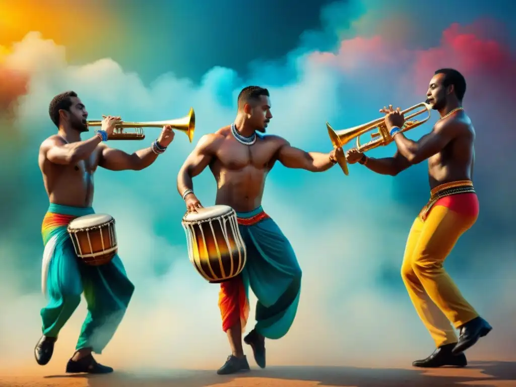 Pintura acuarela: instrumentos raros de Candombe Una pintura acuarela detallada de instrumentos raros en el Candombe, con bombos curvados, tambores chico tallados y baquetas vibrantes