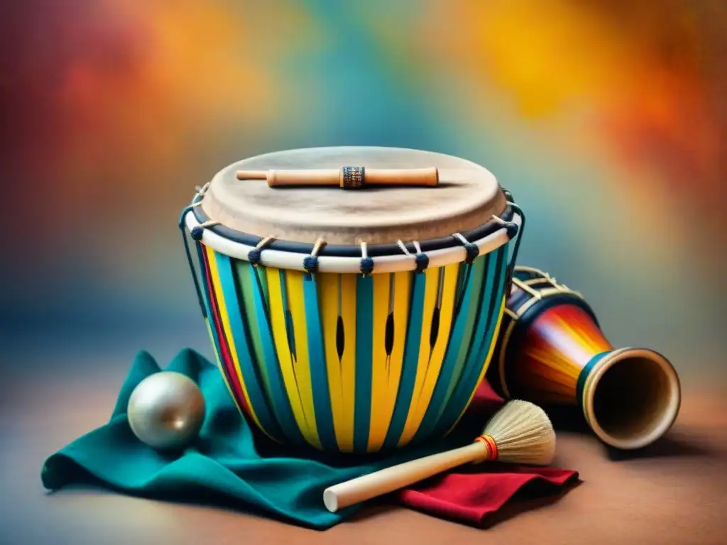 Instrumentos de Candombe: Detalles exquisitos en acuarela Una pintura acuarela detallada de instrumentos raros en el Candombe con colores vibrantes y patrones intrincados