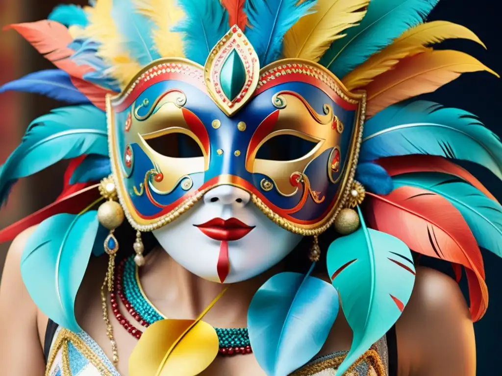 Coloridas máscaras de carnaval uruguayo: detalle y creatividad Una pintura detallada de máscaras de carnaval uruguayo, destacando la creatividad de los maquilladores destacados del Carnaval Uruguayo