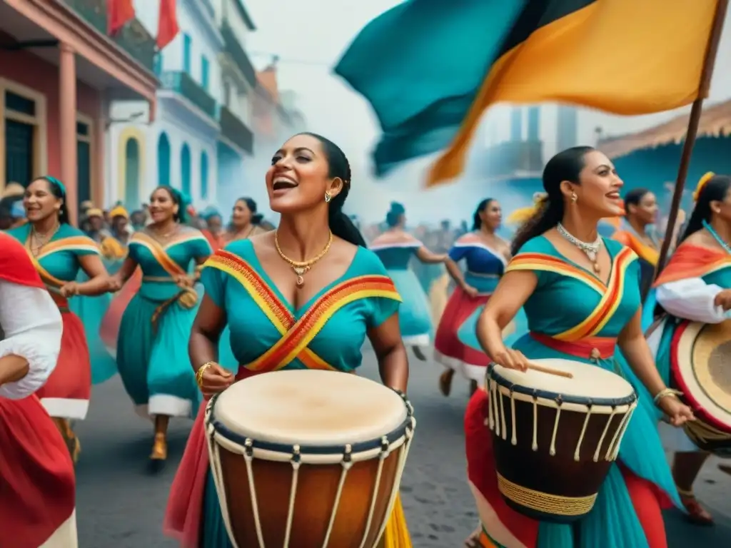 Empoderamiento y celebración: Mujeres en Candombe Pintura detallada de mujeres en el Candombe Uruguayo, celebrando la cultura y la diversidad con ritmo y color