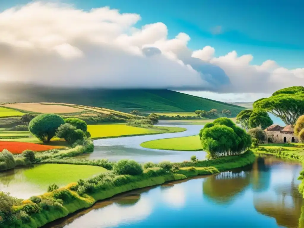 Exquisita pintura acuarela de Uruguay: cultura y naturaleza Pintura acuarela detallada de paisaje uruguayo, reflejando patrimonio cultural