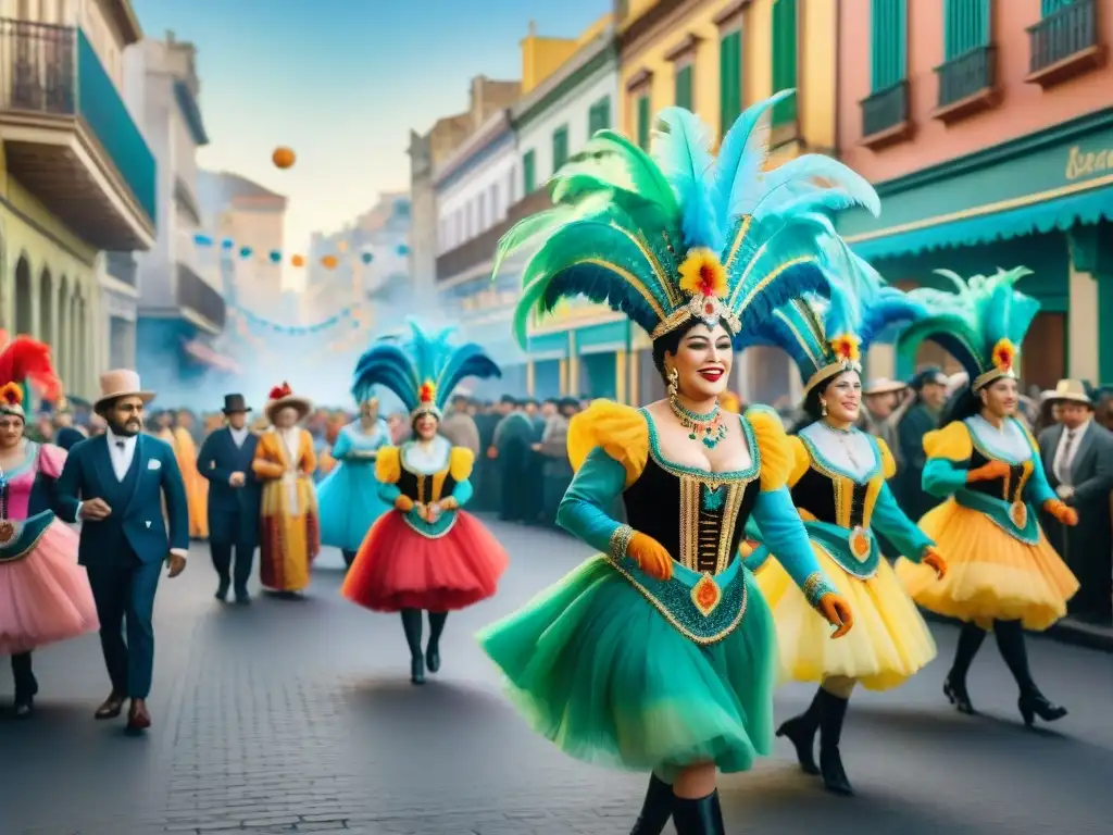 Retrato acuarela: Carnaval Uruguayo en Montevideo del siglo XX Pintura detallada de parodistas en el Carnaval Uruguayo, reflejando la evolución de sus trajes y actuaciones a lo largo del tiempo