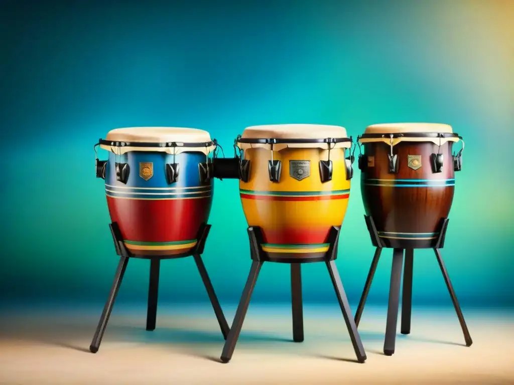 Vibrantes tambores de Candombe en acuarela Pintura detallada de tambores Chico, Repique y Piano en Candombe, con colores vibrantes y diseños tradicionales