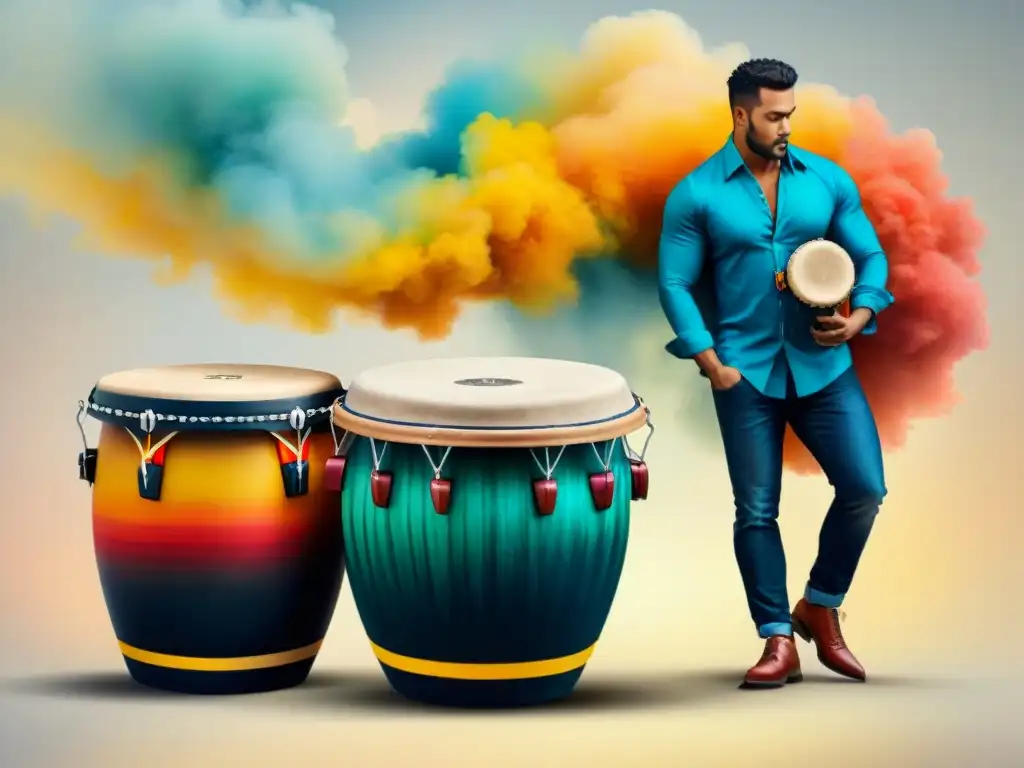 Vibrante pintura acuarela de tambores de Candombe Pintura acuarela detallada de los tipos de tambores en Candombe, capturando su vibrante cultura y diseño único