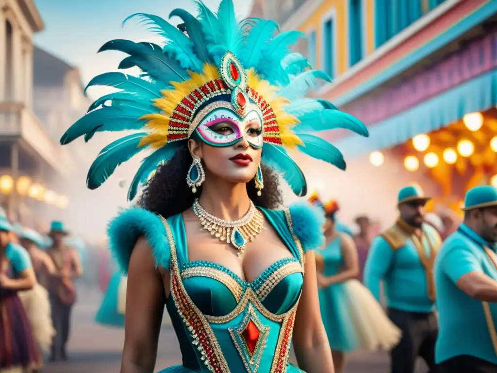 Deslumbrantes trajes de Carnaval uruguayo en acuarela Una pintura acuarela detallada de trajes vibrantes del Carnaval Uruguayo, con joyas ocultas y plumas exuberantes