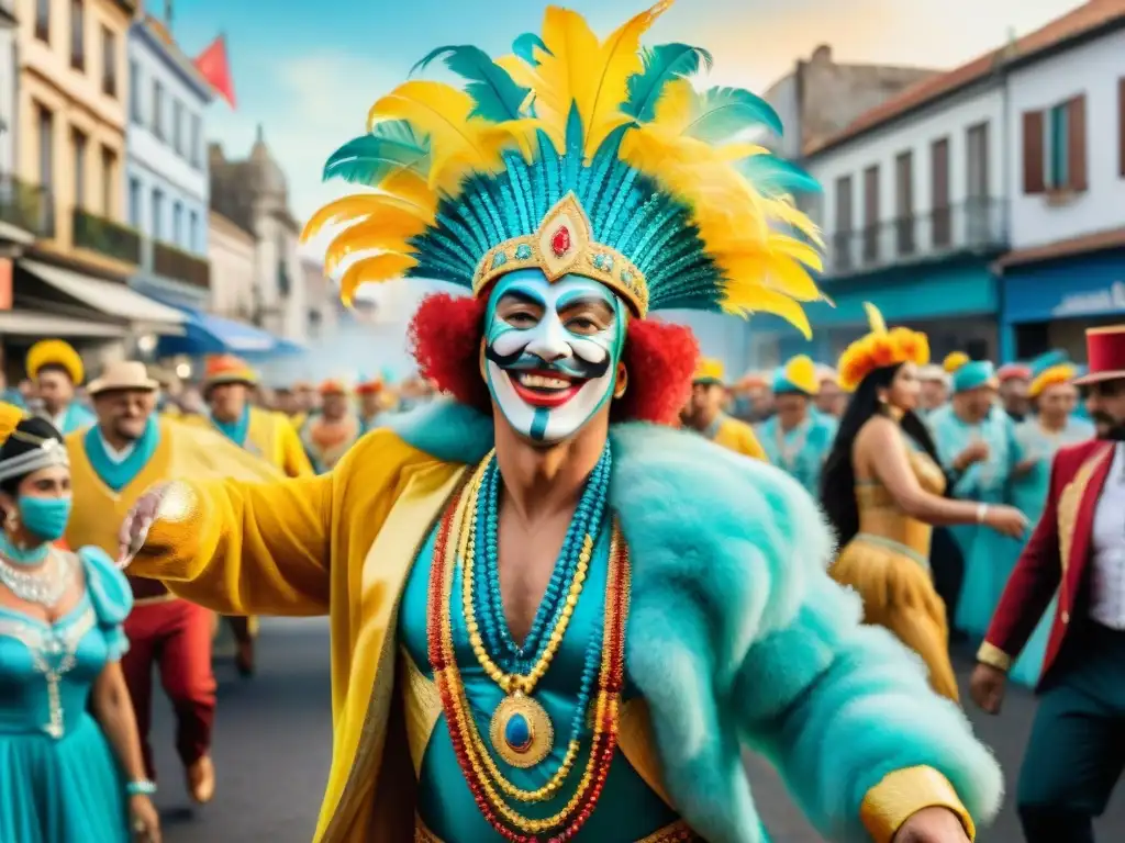 Pintura acuarela: Carnaval Uruguayo vibrante y auténtico Una pintura acuarela detallada del vibrante Carnaval en Uruguay, con desfiles, bailarines y espectadores alegres