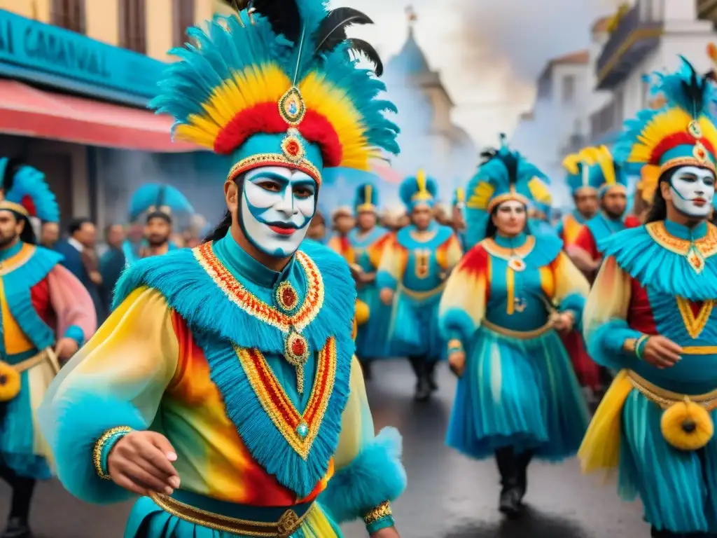 Vibrante pintura acuarela del Carnaval Uruguayo Pintura acuarela detallada del vibrante Carnaval Uruguayo con trajes elaborados, bailarines energéticos y coloridas carrozas en las calles