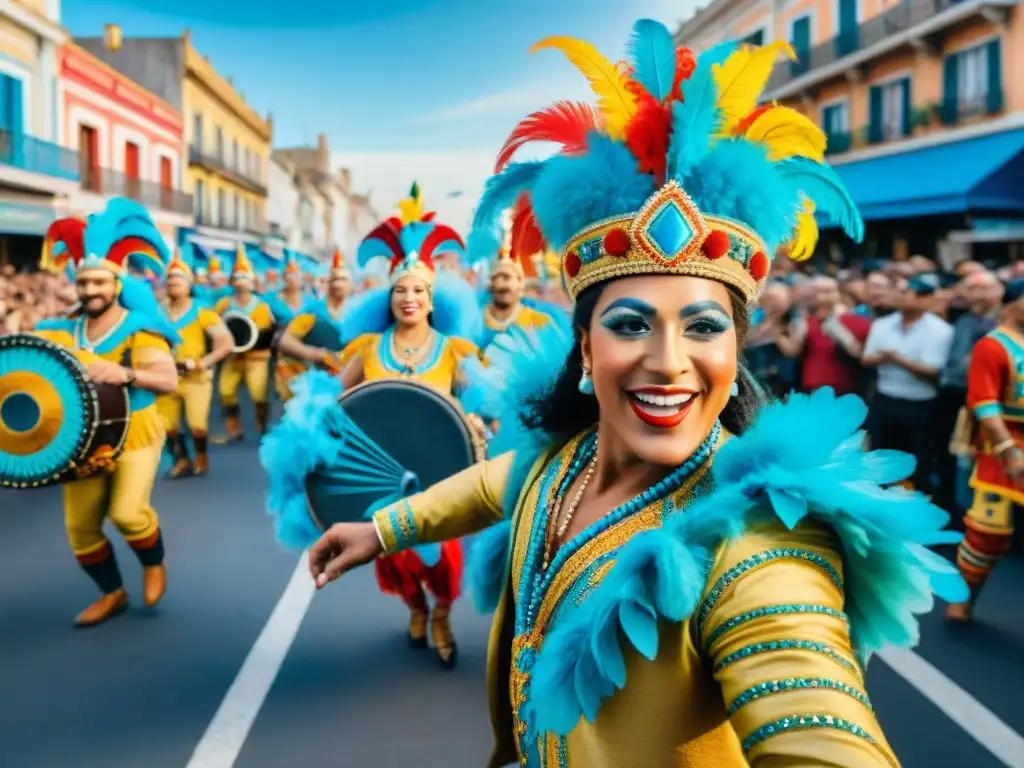 Pintura acuarela del Carnaval en Uruguay Una pintura acuarela detallada del vibrante Carnaval en Uruguay con danzas, tambores y espectadores felices bajo el cielo azul
