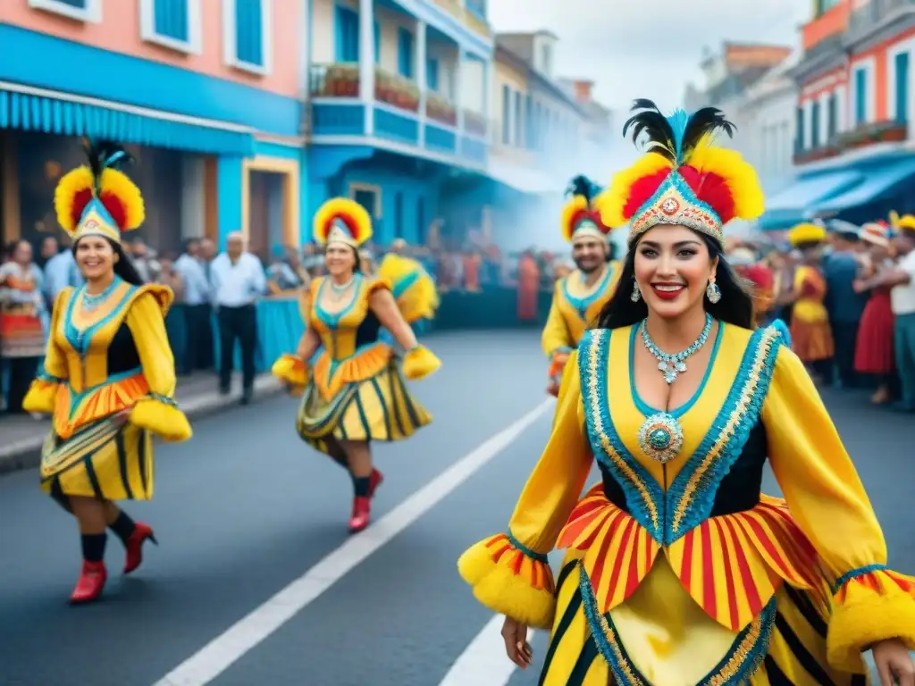 Colorida celebración de Carnaval en Uruguay Una pintura acuarela detallada del vibrante Carnaval Uruguayo, con trajes coloridos, carrozas y bailarines alegres